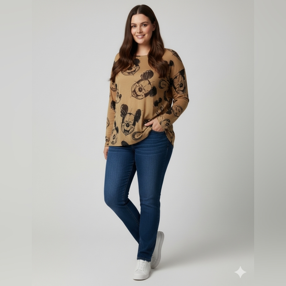 Feierhong Women's Tan Mickey Mouse Long Sleeve Graphic T-Shirt Size Large - Picture 4 of 10